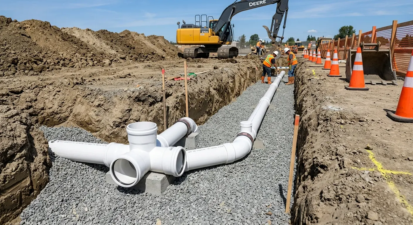 New PVC sewer pipe installation in open trench for Sewer Backup in Kailua-Kona
