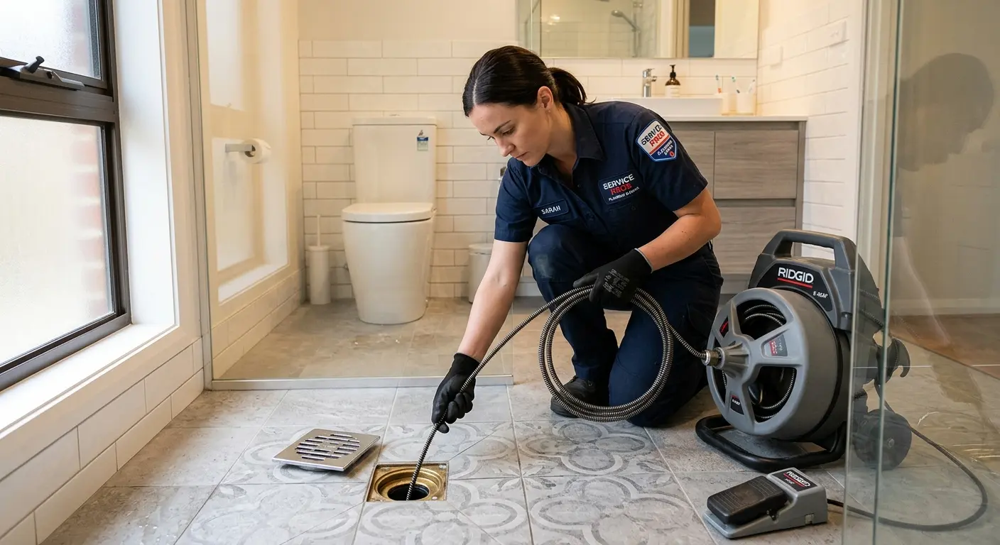 Technician clearing a bathroom floor drain for Drain Cleaning in Kailua-Kona